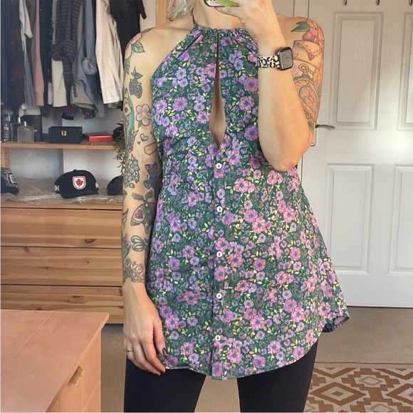 Free People Lyla Tunic Blouse Top XS UK 6 8 Green Floral Halterneck Boho BN - Picture 2 of 8